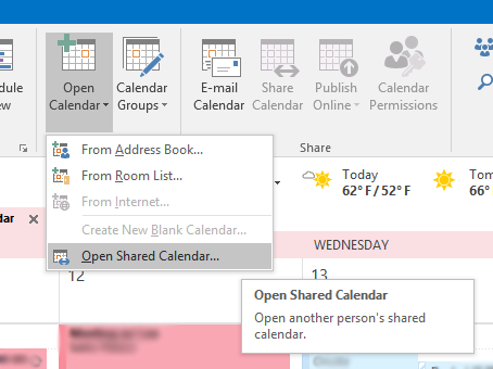 outlook 2016 - open shared calendar view