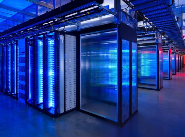 a server room with blue lights