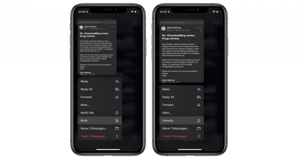 iOS 13 Mute Email