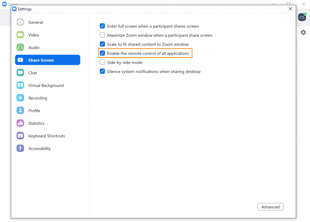 Zoom Client Remote Control Settings