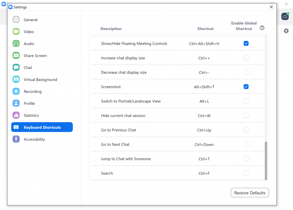 Zoom Client Keyboard Shortcut Settings