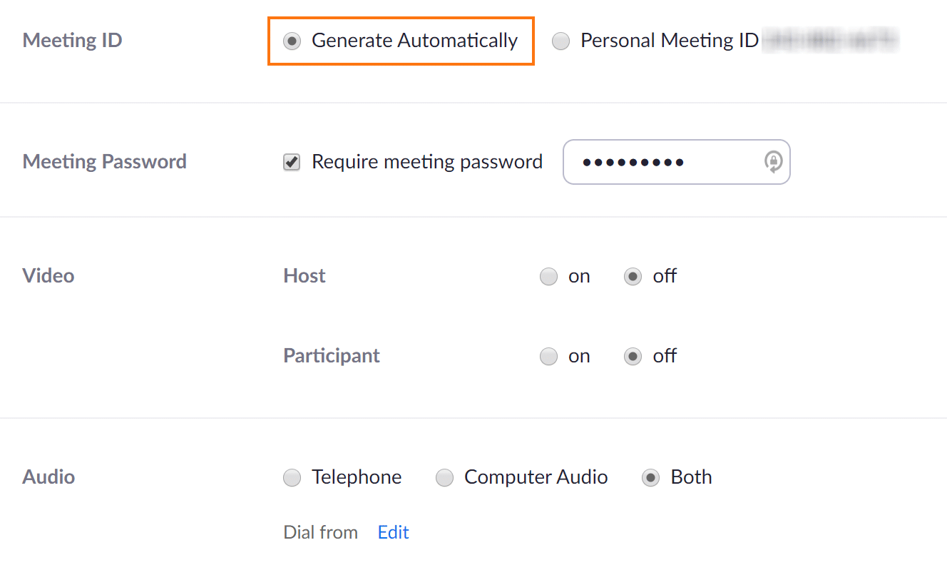 Zoom Meeting Settings - Generate Meeting ID Automatically