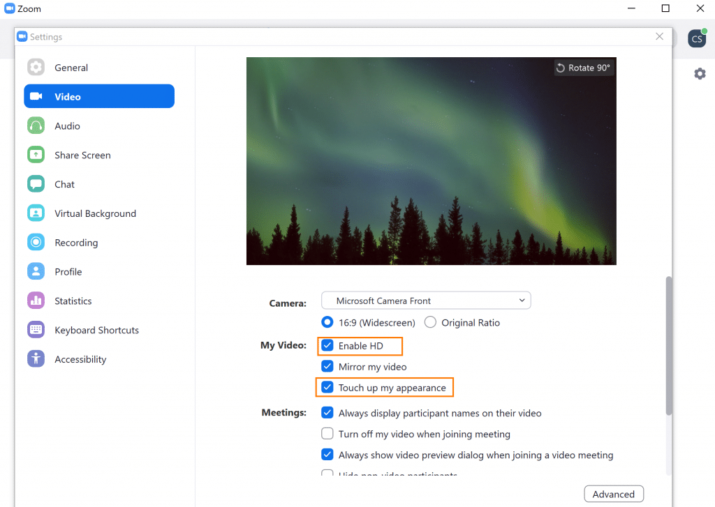 Zoom Client Video Settings, Appearance Touch Up