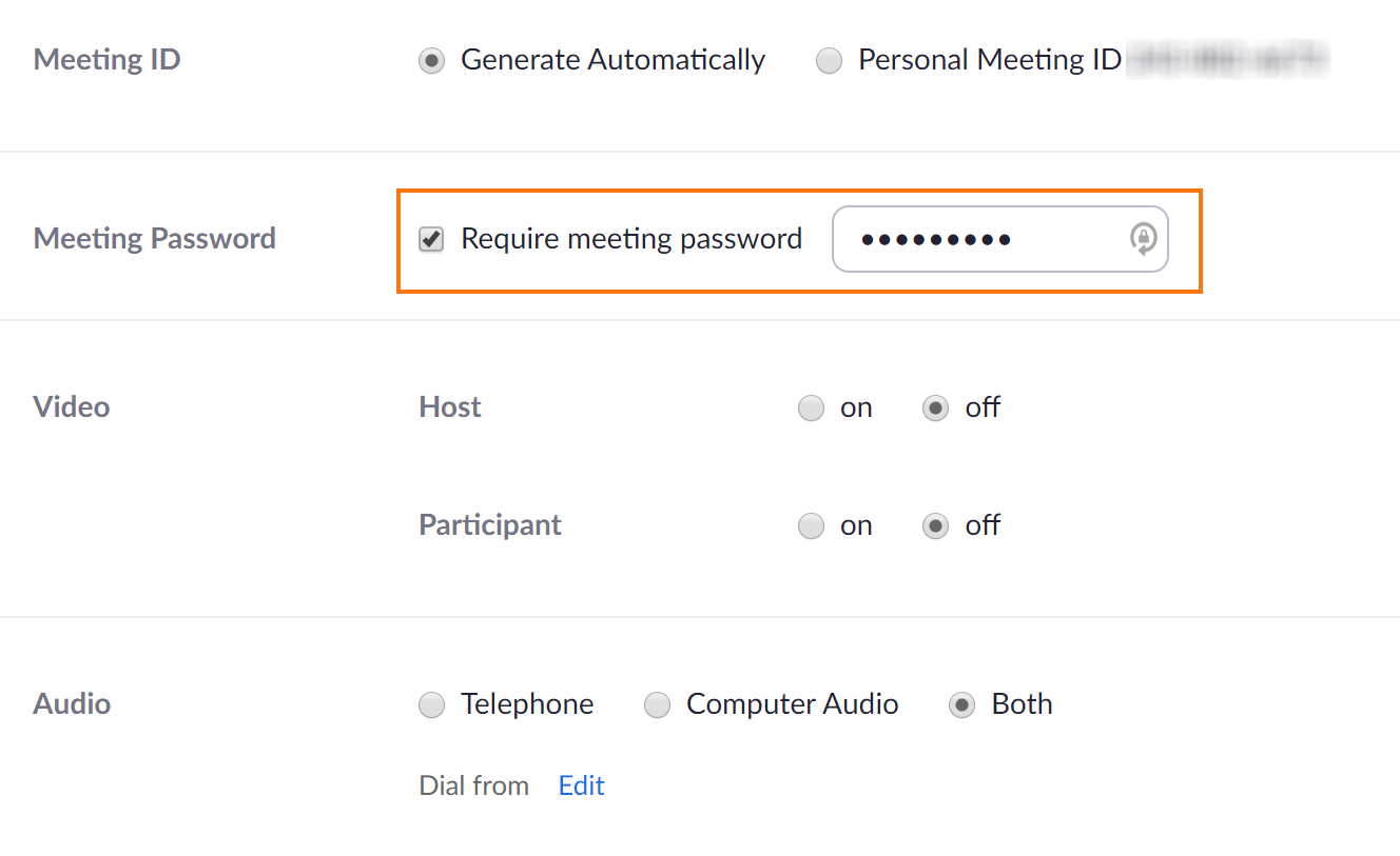 Zoom Meeting Settings - Require Meeting Password