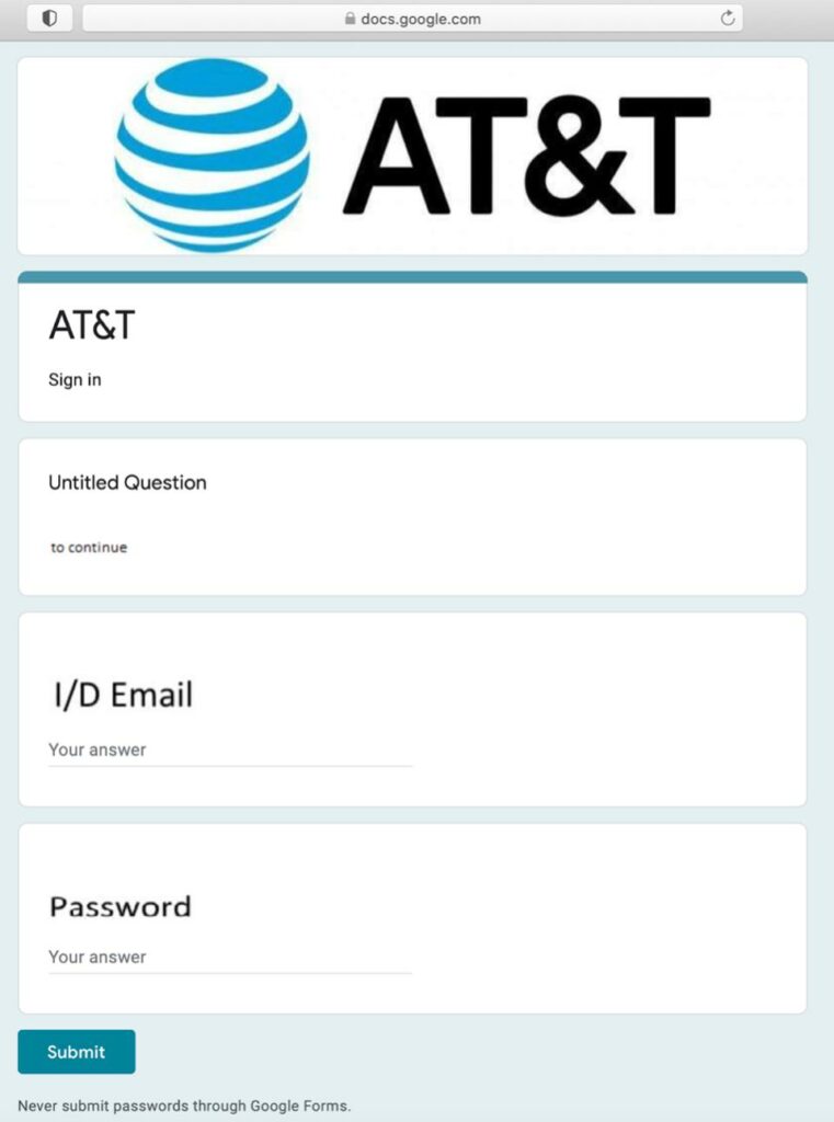 Fake Google Form used in AT&T scams