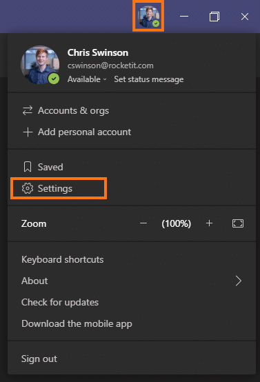 Microsoft Teams Settings menu