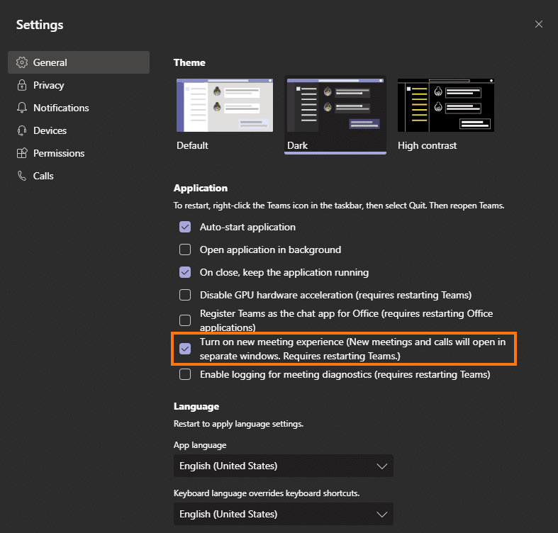 Microsoft Teams Settings menu to turn on new meeting experiences