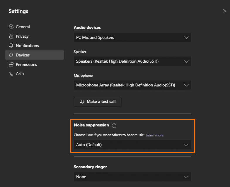 Microsoft Teams Settings menu to enable noise suppression 